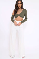 Khaki Asymmetric Crop Top - Nicki-Crop Tops