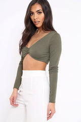Khaki Asymmetric Crop Top - Nicki-Crop Tops