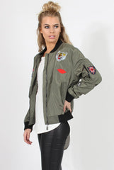 Khaki Badge Detail Bomber Jacket - Suzy-Jackets