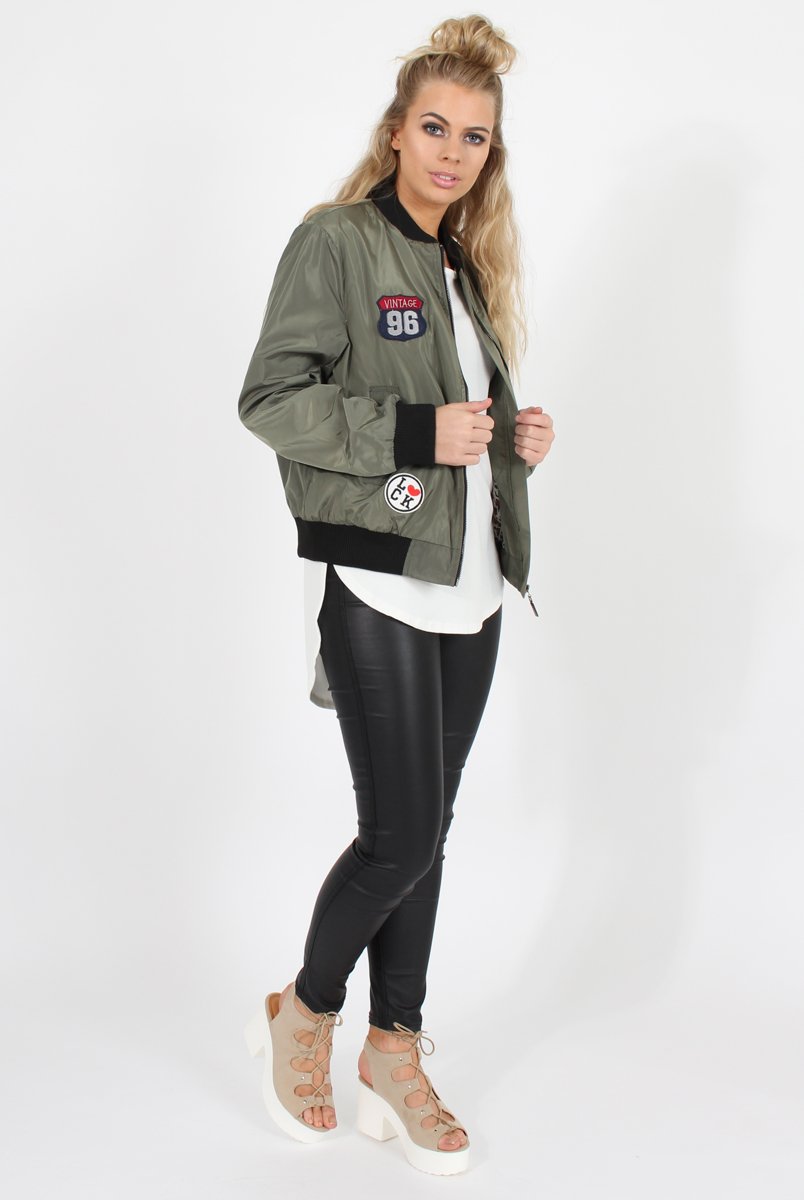 Khaki Badge Detail Bomber Jacket - Suzy-Jackets