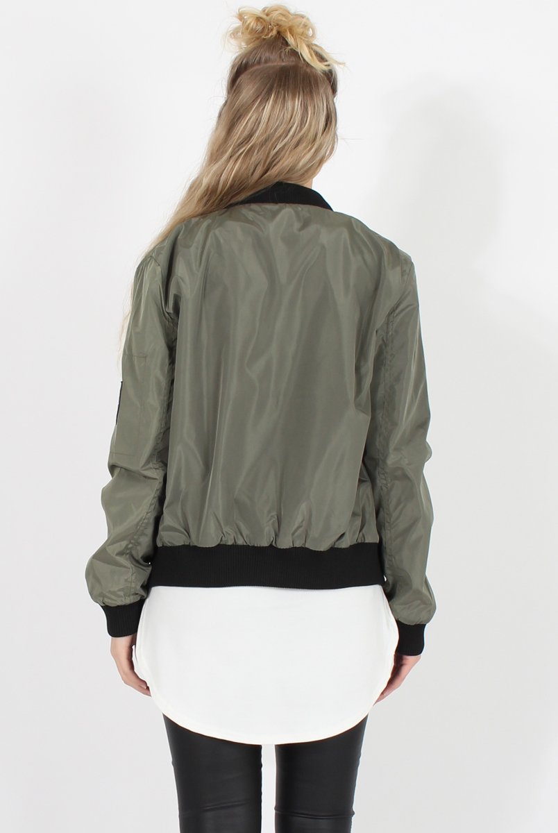 Khaki Badge Detail Bomber Jacket - Suzy-Jackets