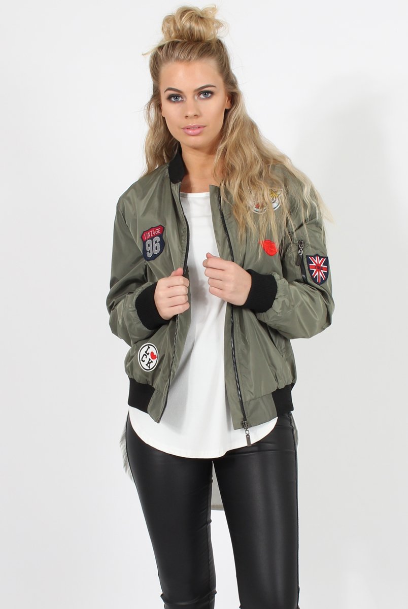 Khaki Badge Detail Bomber Jacket - Suzy-Jackets