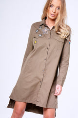 Khaki Badge Embroidered Utility Shirt Dress - Alicia-Shirts