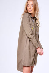 Khaki Badge Embroidered Utility Shirt Dress - Alicia-Shirts