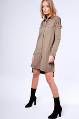 Khaki Badge Embroidered Utility Shirt Dress - Alicia-Shirts