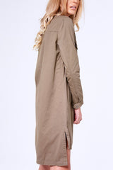 Khaki Badge Embroidered Utility Shirt Dress - Alicia-Shirts