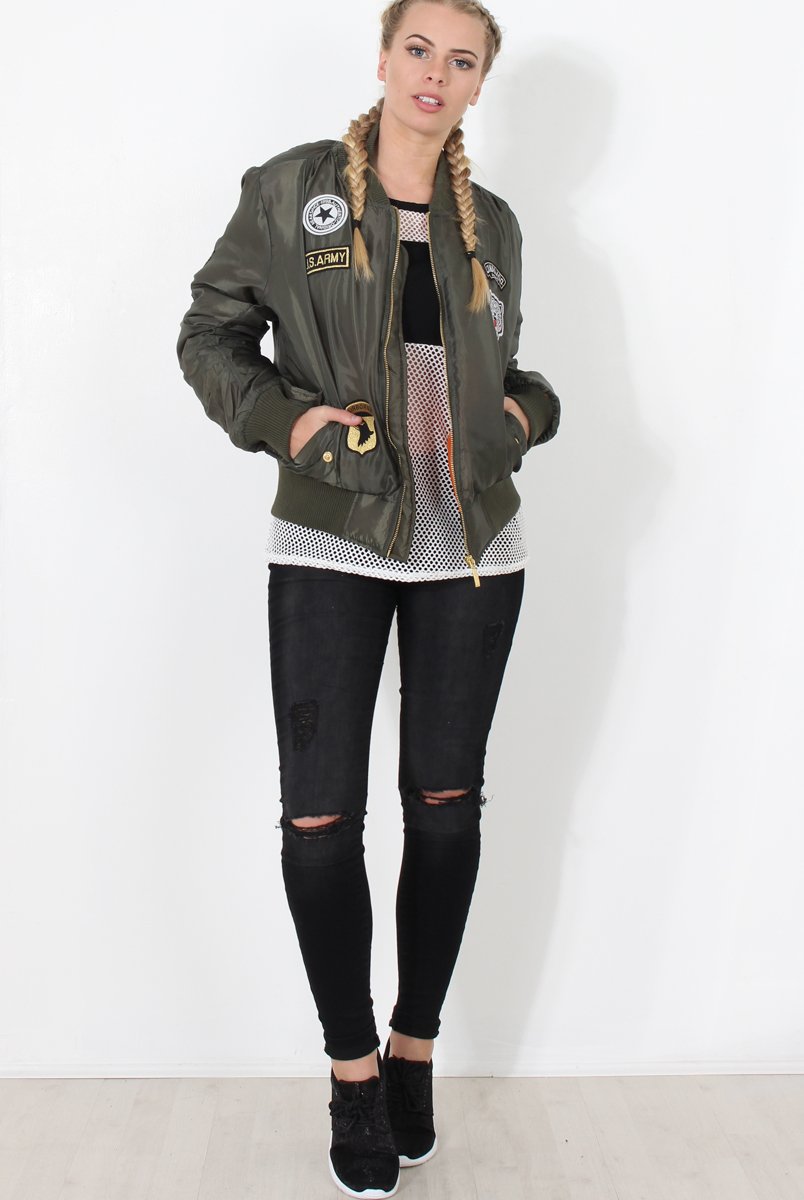 Khaki Badge detail Bomber Jacket - Kendall-Jackets