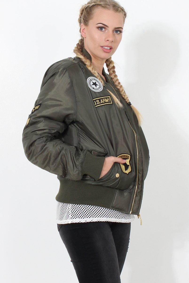 Khaki Badge detail Bomber Jacket - Kendall-Jackets