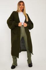 Khaki Balloon Sleeve Maxi Knit Cardigan - Imara-Cardigans