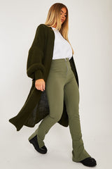 Khaki Balloon Sleeve Maxi Knit Cardigan - Imara-Cardigans