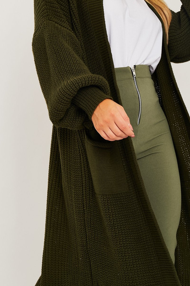 Khaki Balloon Sleeve Maxi Knit Cardigan - Imara-Cardigans