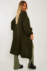 Khaki Balloon Sleeve Maxi Knit Cardigan - Imara-Cardigans