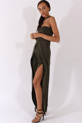 Khaki Bandeau Choker Split Detail Jumpsuit - Rosy-Jumpsuits