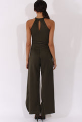 Khaki Bandeau Choker Split Detail Jumpsuit - Rosy-Jumpsuits