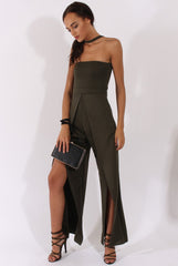 Khaki Bandeau Choker Split Detail Jumpsuit - Rosy-Jumpsuits