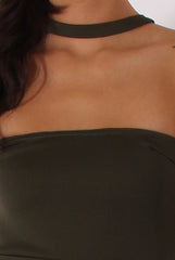 Khaki Bandeau Choker Split Detail Jumpsuit - Rosy-Jumpsuits