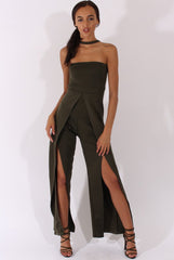 Khaki Bandeau Choker Split Detail Jumpsuit - Rosy-Jumpsuits