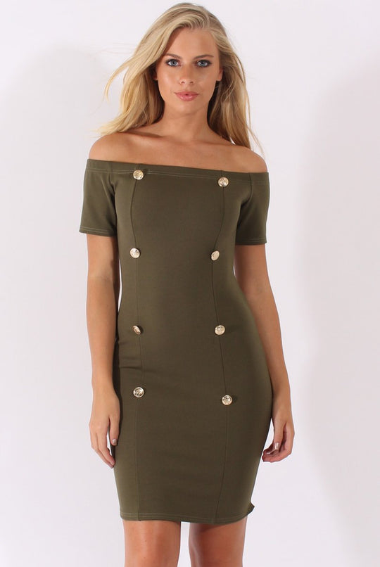Khaki Bardot Bodycon Button Detail Dress - Wallis