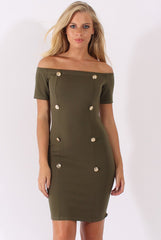 Khaki Bardot Bodycon Button Detail Dress - Wallis-Dresses