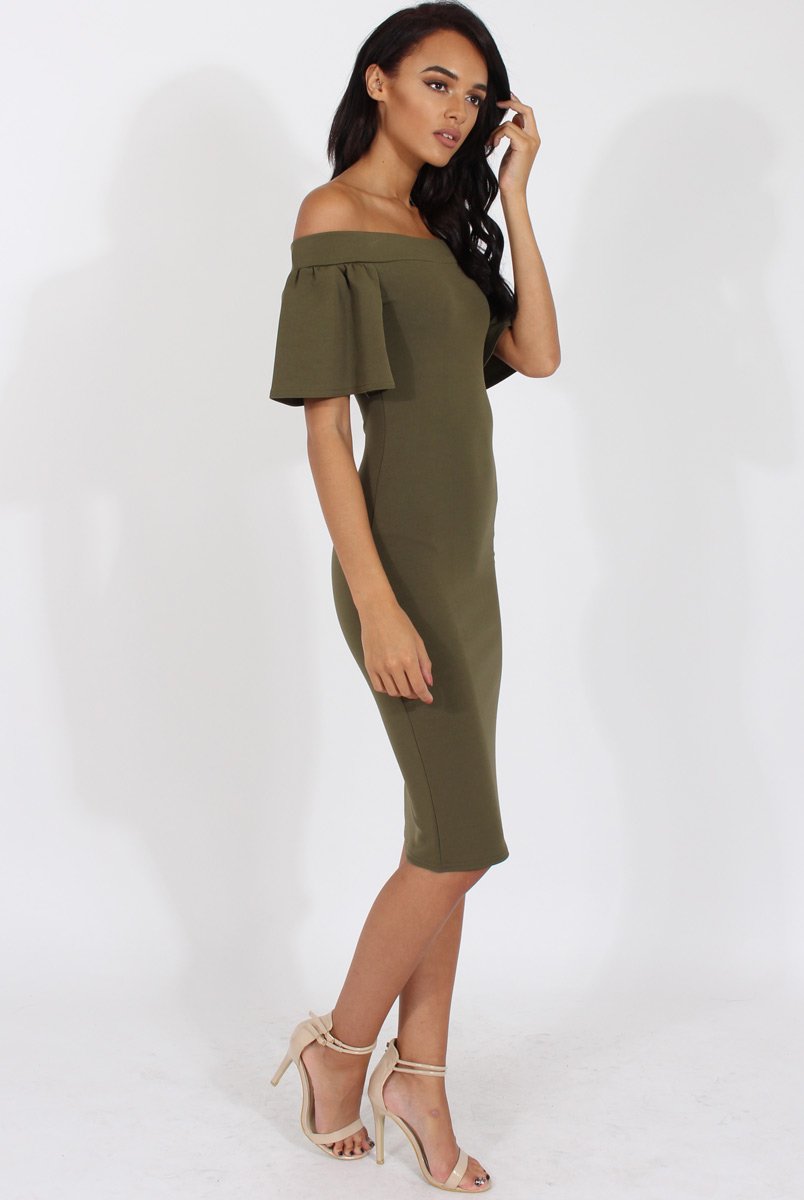 Khaki Bardot Bodycon Midi Dress - Cecilia-Dresses