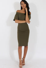 Khaki Bardot Bodycon Midi Dress - Cecilia-Dresses