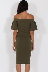 Khaki Bardot Bodycon Midi Dress - Cecilia-Dresses