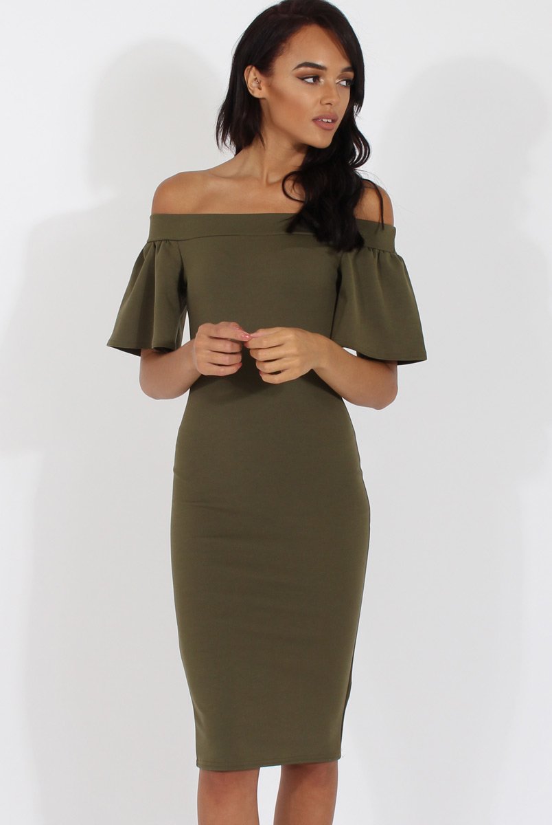 Khaki Bardot Bodycon Midi Dress - Cecilia Rebellious Fashion Khaki Bardot Bodycon Midi Dress - Cecilia Rebellious Fashion