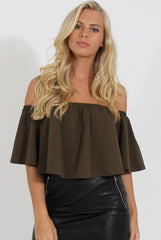 Khaki Bardot Crop Top - Bryony-Crop Tops