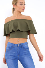 Khaki Bardot Crop Top - Justine-Tops