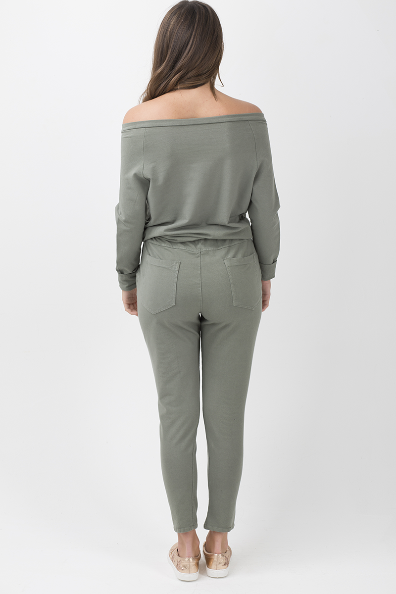 Khaki Bardot Distressed Jumpsuit - Bethan-Jumpsuits
