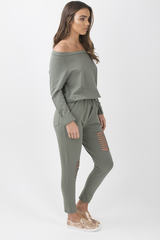 Khaki Bardot Distressed Jumpsuit - Bethan-Jumpsuits