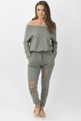 Khaki Bardot Distressed Jumpsuit - Bethan-Jumpsuits
