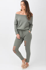 Khaki Bardot Distressed Jumpsuit - Bethan-Jumpsuits