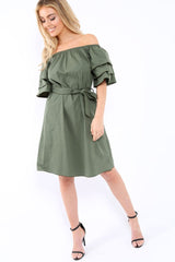 Khaki Bardot Dress with Ruffled Sleeves - Breena-Dresses