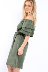 Khaki Bardot Dress with Ruffled Sleeves - Breena-Dresses