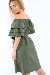 Khaki Bardot Dress with Ruffled Sleeves - Breena-Dresses