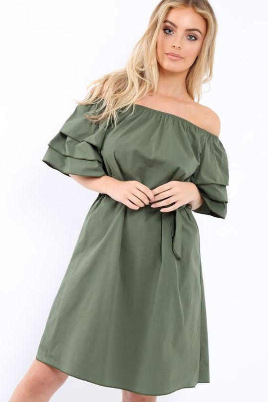 Khaki Bardot Dress with Ruffled Sleeves - Breena