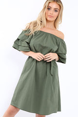 Khaki Bardot Dress with Ruffled Sleeves - Breena-Dresses