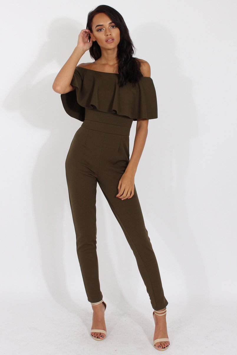 Khaki Bardot Fitted Jumpsuit - Bridget-Jumpsuits
