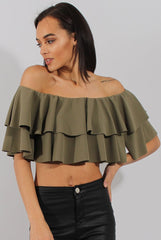 Khaki Bardot Frill Crop Top - Flissy-Crop Tops