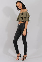 Khaki Bardot Frill Crop Top - Flissy-Crop Tops
