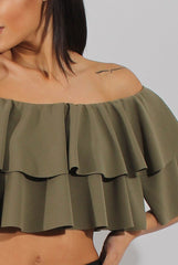 Khaki Bardot Frill Crop Top - Flissy-Crop Tops