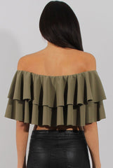 Khaki Bardot Frill Crop Top - Flissy-Crop Tops