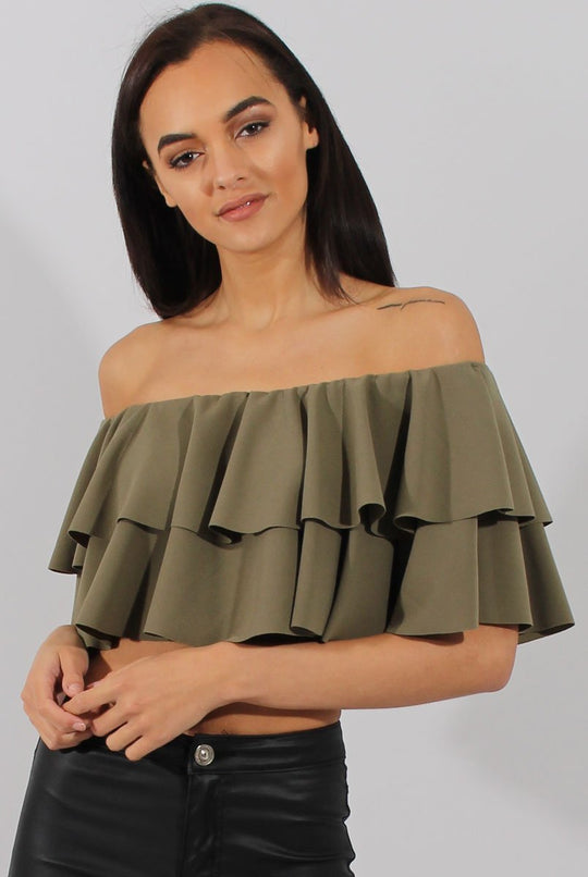 Khaki Bardot Frill Crop Top - Flissy
