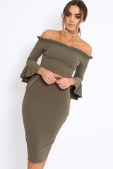 Khaki Bardot Frill Crop Top with Flared Sleeves - Tiffy-Tops