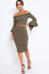 Khaki Bardot Frill Crop Top with Flared Sleeves - Tiffy-Tops