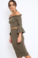 Khaki Bardot Frill Crop Top with Flared Sleeves - Tiffy-Tops