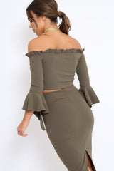 Khaki Bardot Frill Crop Top with Flared Sleeves - Tiffy-Tops