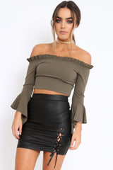 Khaki Bardot Frill Crop Top with Flared Sleeves - Tiffy-Tops