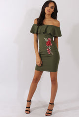 Khaki Bardot Frill Embroidered Dress - Jasmine-Dresses